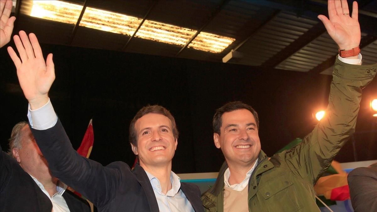 Pablo Casado y Juan Manuel Moreno, en un mitin del PP en Algeciras, el pasado 18 de noviembre. Pablo Casado y Juan Manuel Moreno, en un mitin del PP en Algeciras, el pasado 18 de noviembre.