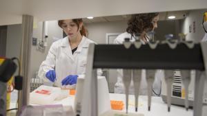 Dos investigadoras trabajan en el laboratorio de Ace Alzheimer Center Barcelona, este lunes.