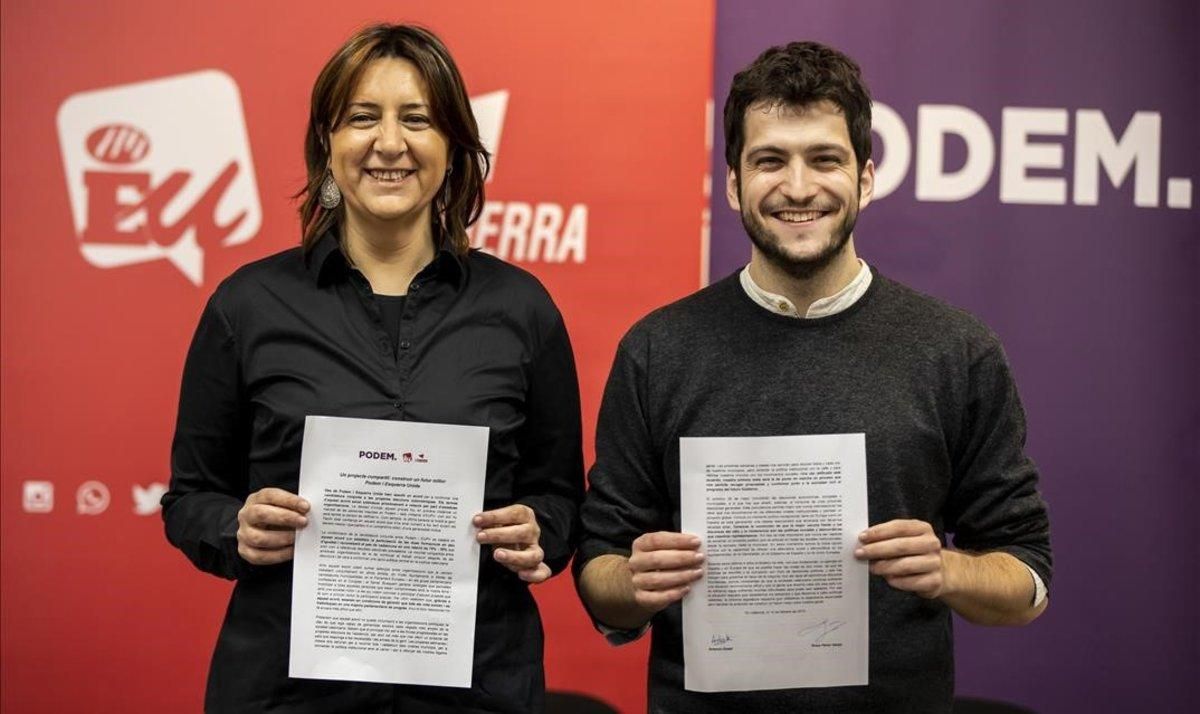 El secretario general de Podem, Antonio Estañ, y la coordinadora general de Esquerra Unida, Rosa Pérez, este viernes en València. El secretario general de Podem, Antonio Estañ, y la coordinadora general de Esquerra Unida, Rosa Pérez, este viernes en València.