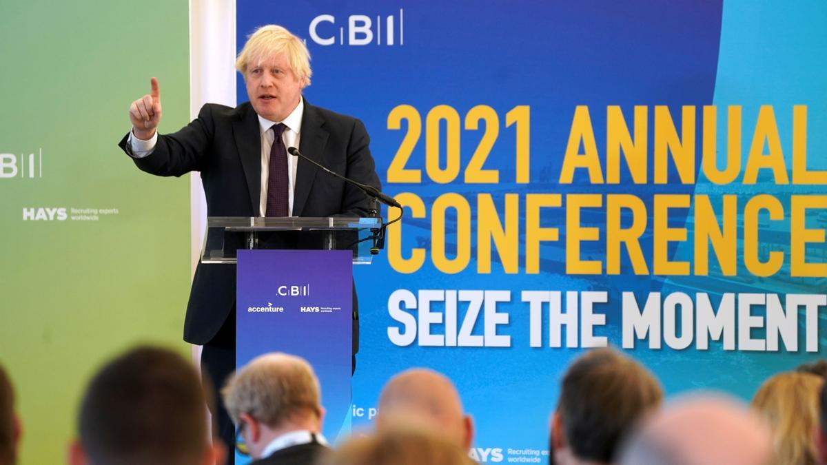El primer ministro británico, Boris Johnson, durante su intervención de hoy ante los empresarios.