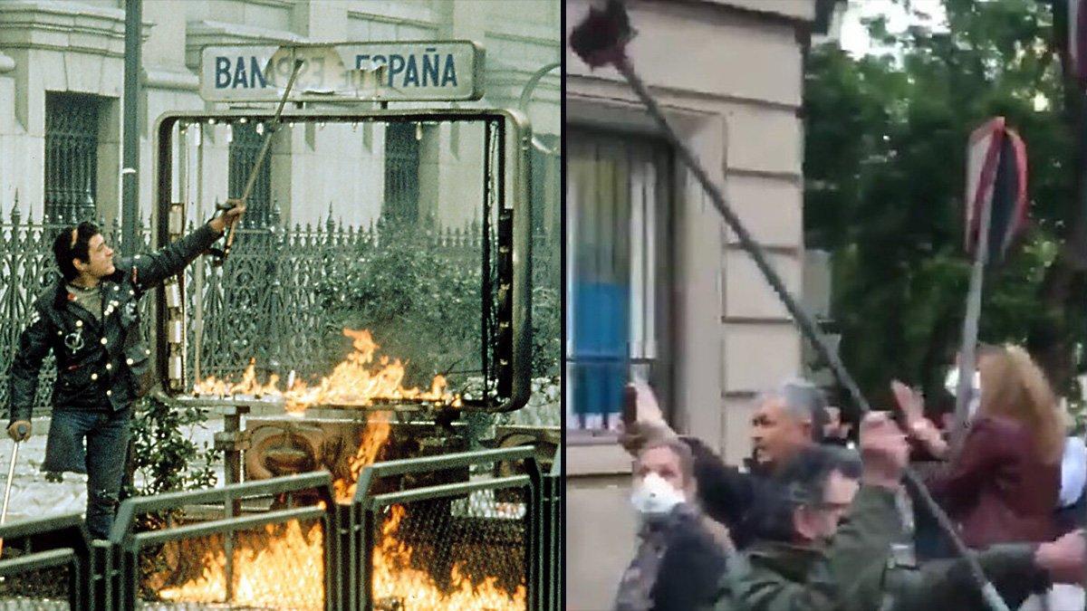 A la izquierda, el ’Cojo manteca’ original, de las revueltas estudiantiles de finales de los 80. Al lado, el ’Cojo manteca’ del barrio Salamanca de Madrid, durante la manifestación de este miércoles.