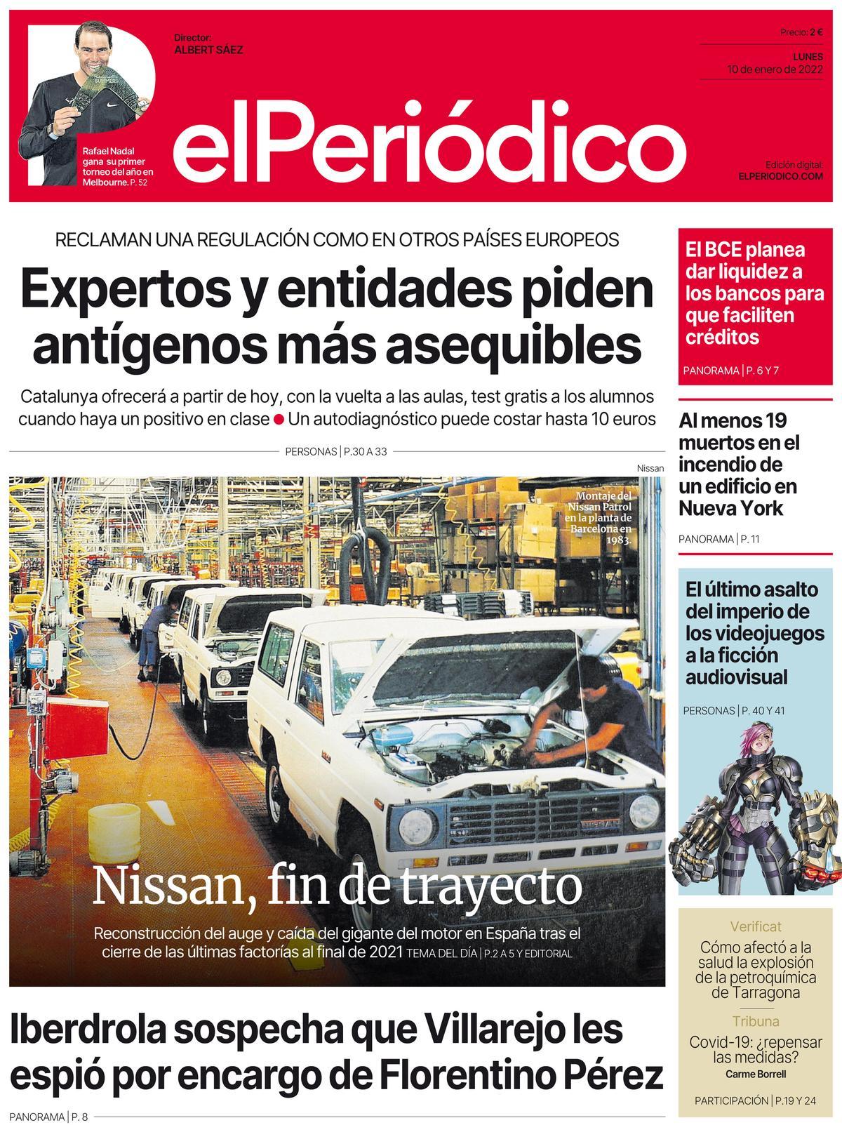 La portada de EL PERIÓDICO del 10 de enero de 2022