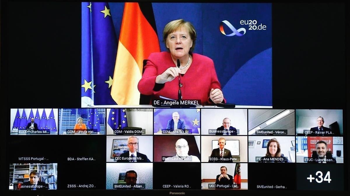 Merkel toma la palabra durante la Cumbre Social Tripartita del Consejo Europeo, celebrada mediante videoconferencia. Merkel toma la palabra durante la Cumbre Social Tripartita del Consejo Europeo, celebrada mediante videoconferencia.