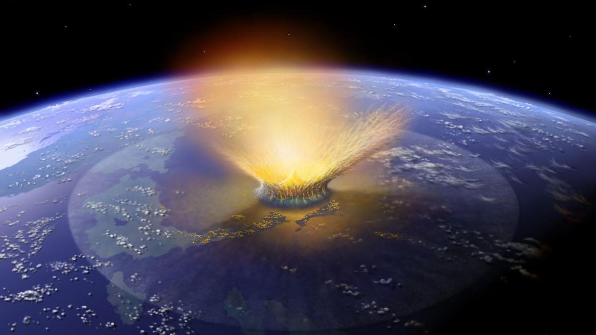 Simulación de la caída de un asteroide que golpeó la Tierra en la península de Yucatán en México hace unos 150 millones de años.