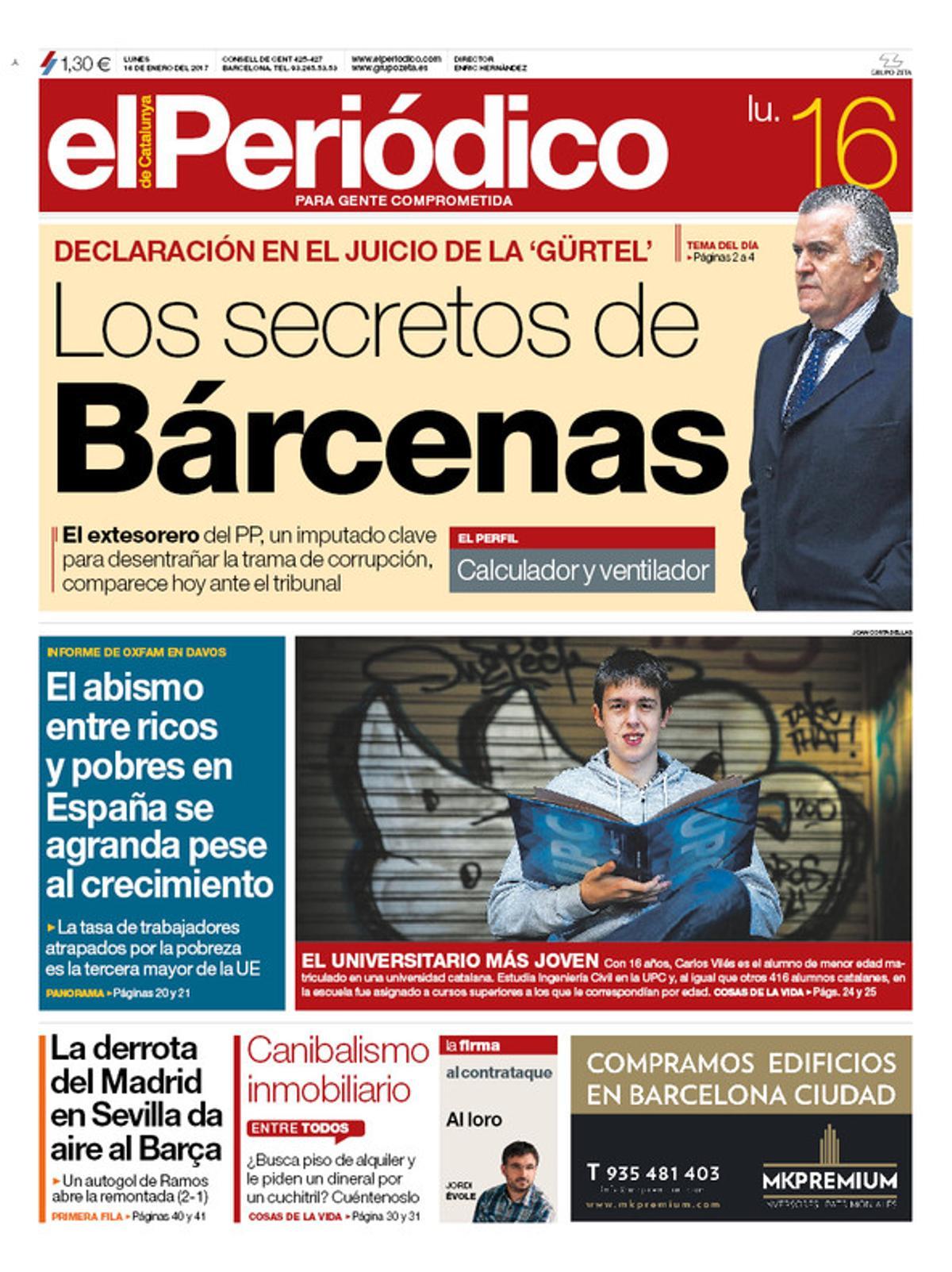 La portada de EL PERIÓDICO del 16 de enero del 2017.