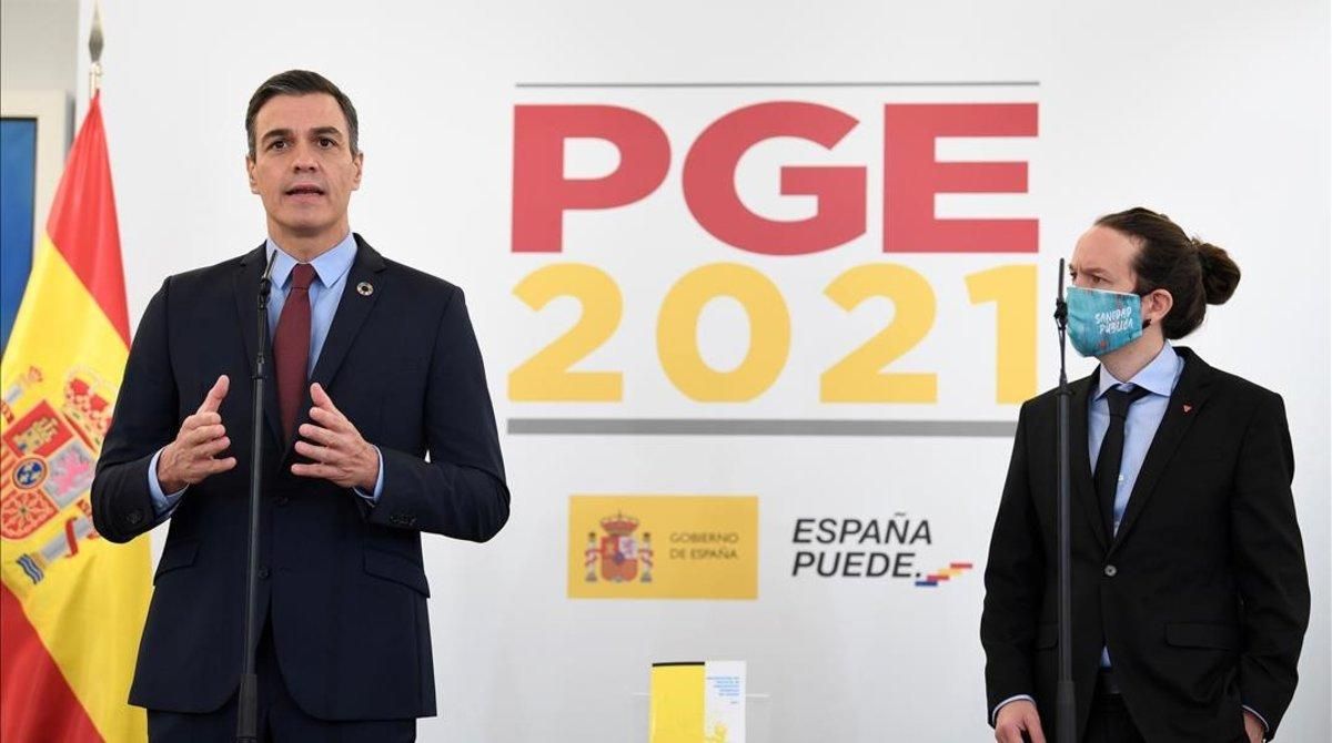 Pedro Sánchez y Pablo Iglesias, en la presentación de los Presupuestos del 2021. Pedro Sánchez y Pablo Iglesias, en la presentación de los Presupuestos del 2021.