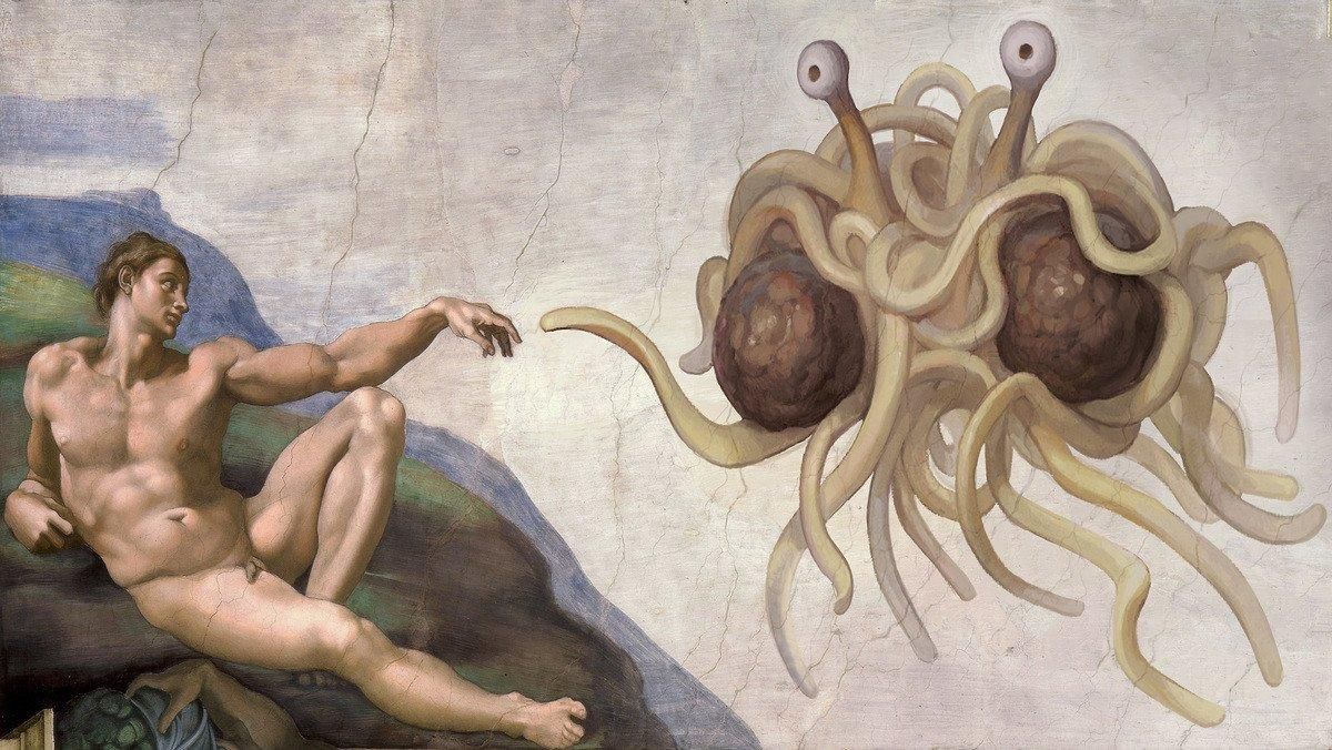 La creación del hombre por el Monstruo de Espagueti Volador. La creación del hombre por el Monstruo de Espagueti Volador.