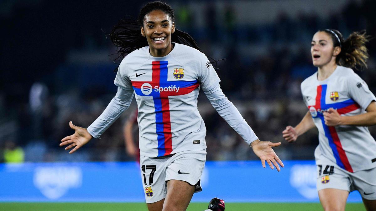 Salma Paralluelo celebra su gol al Roma, que supuso el 0-1 del Barça en el Estadio Olímpico. Salma Paralluelo celebra su gol al Roma, que supuso el 0-1 del Barça en el Estadio Olímpico.