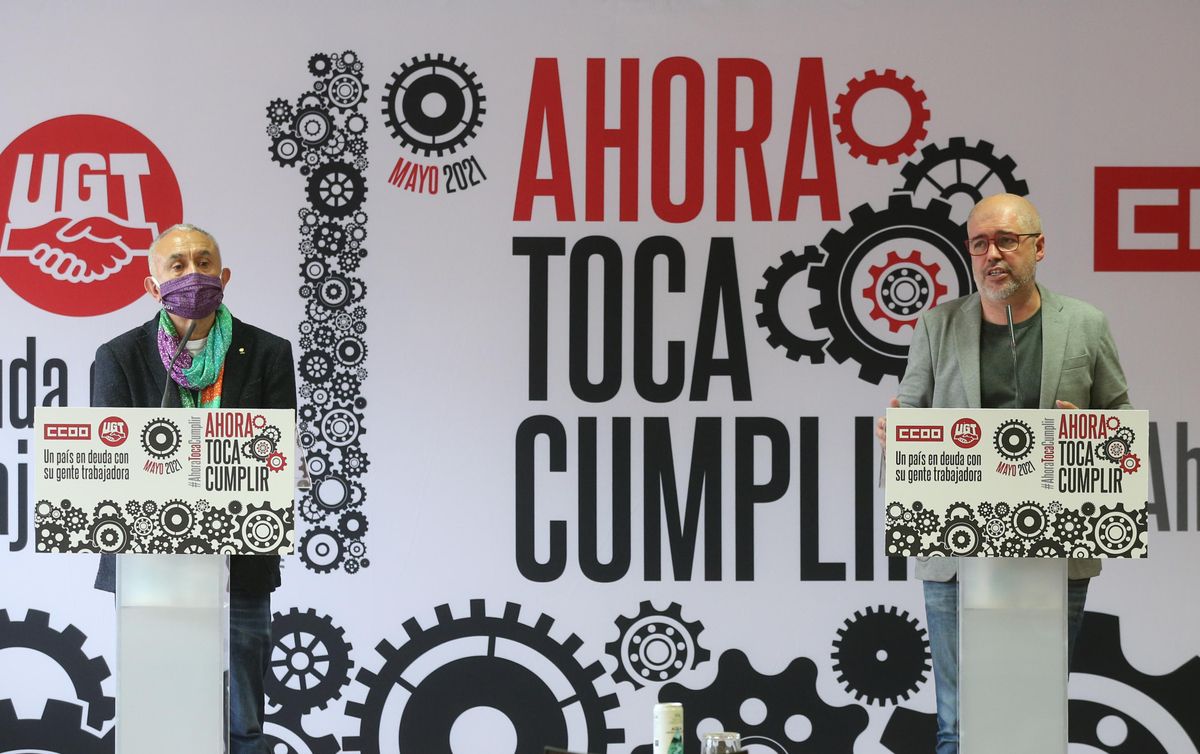 Los líderes de UGT (izquierda) y CCOO (derecha) presentan los actos del Primero de Mayo del 2021. Los líderes de UGT (izquierda) y CCOO (derecha) presentan los actos del Primero de Mayo del 2021.