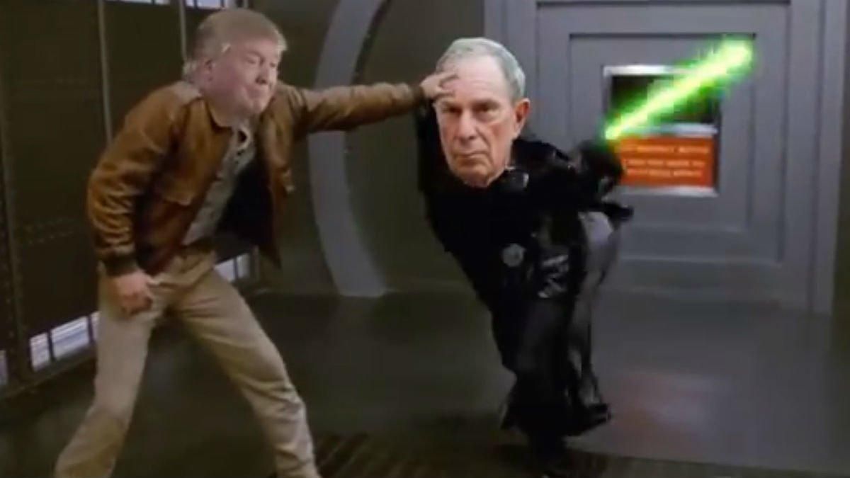 Captura de la escena en la que Trump se mofa de Bloomberg parodiando una mítica lucha en ’Star Wars’. Captura de la escena en la que Trump se mofa de Bloomberg parodiando una mítica lucha en ’Star Wars’.