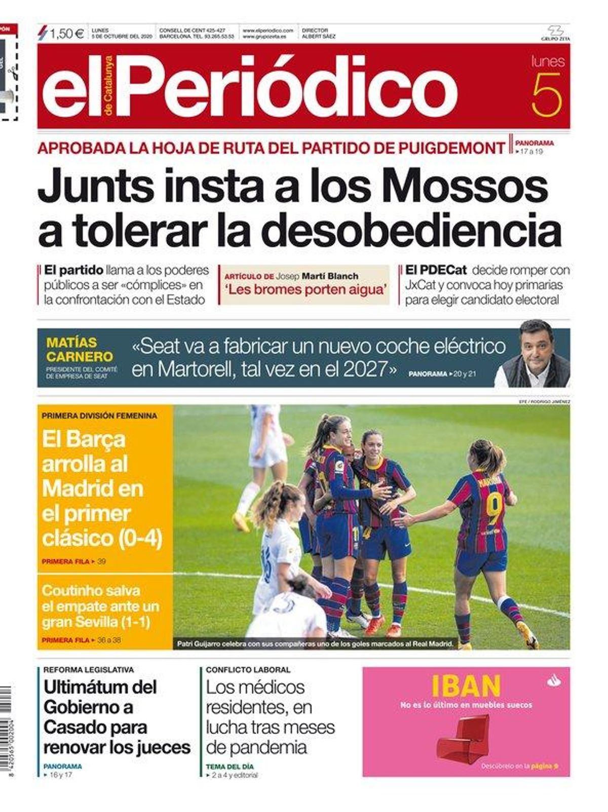 La portada de EL PERIÓDICO del 5 de octubre del 2020 La portada de EL PERIÓDICO del 5 de octubre del 2020