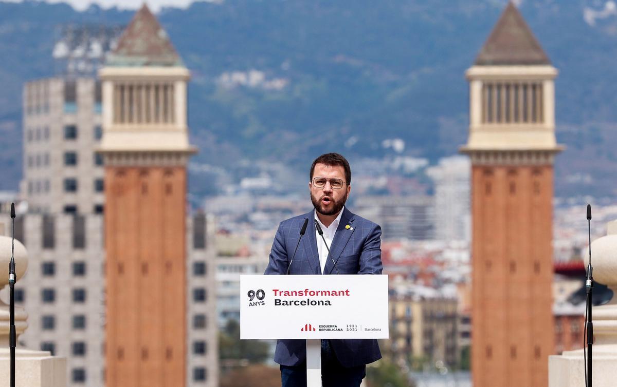 El ’vicepresident’ en funciones y candidato a presidir la Generalitat, Pere Aragonès; durante un acto en Barcelona.