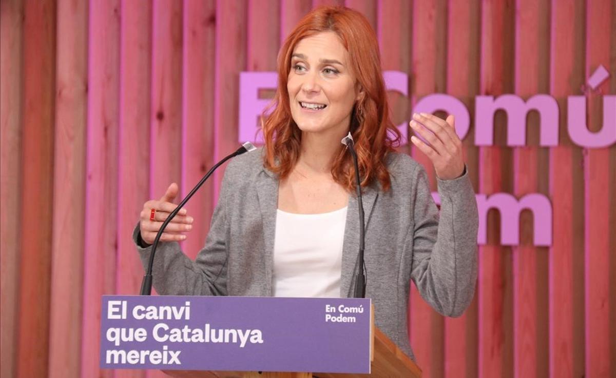 Jessica Albiach, candidata de En Comú Podem, en un acto en la sede de los ’comuns’ en Barcelona.