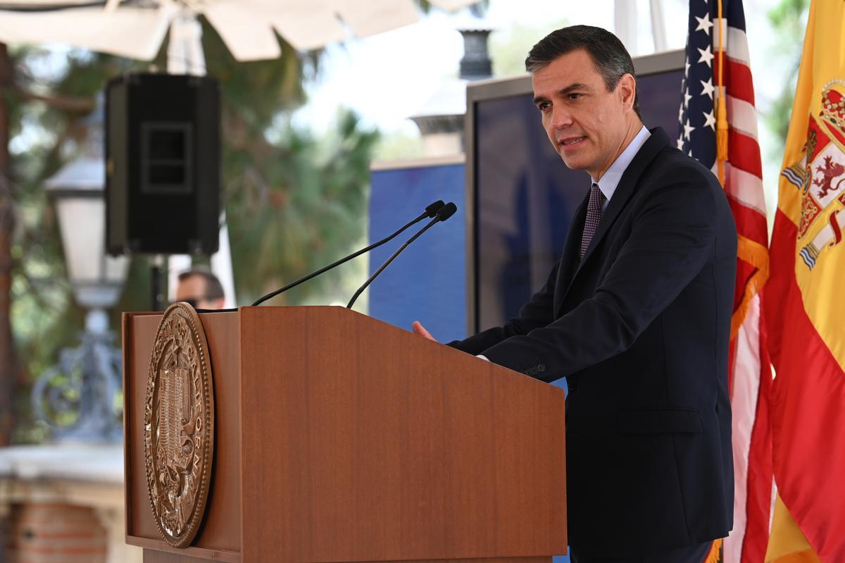 El presidente del Gobierno, Pedro Sánchez, durante su discurso sobre el español en la Universidad de California Los Ángeles (UCLA), el 22 de julio.