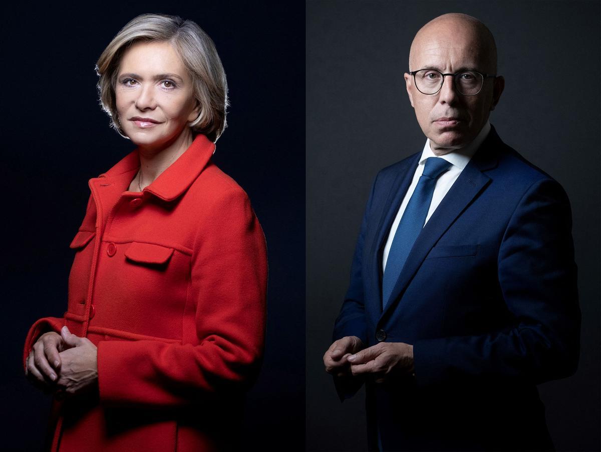 Los dos candidatos a las primarias de Los Republicanos que pasan a la segunda vuelta, Valérie Pécresse y Éric Ciotti.