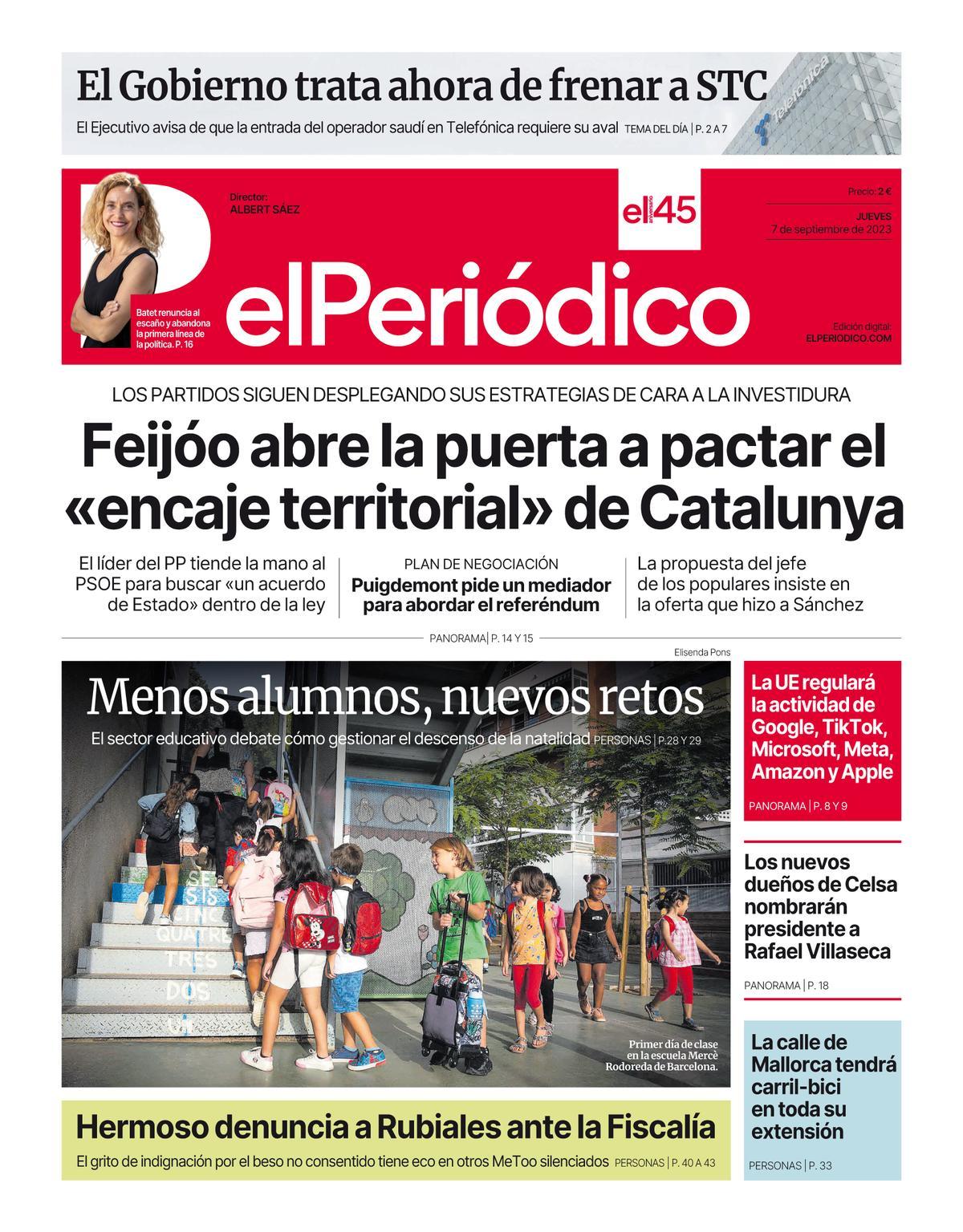 La portada de EL PERIÓDICO del 7 de septiembre de 2023