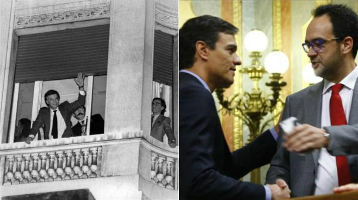 A la izquierda, Felipe González y Alfonso Guerra, el 28 de octubre de 1982. A la derecha, Pedro Sánchez y Antonio Hernando, el pasado jueves. A la izquierda, Felipe González y Alfonso Guerra, el 28 de octubre de 1982. A la derecha, Pedro Sánchez y Antonio Hernando, el pasado jueves.