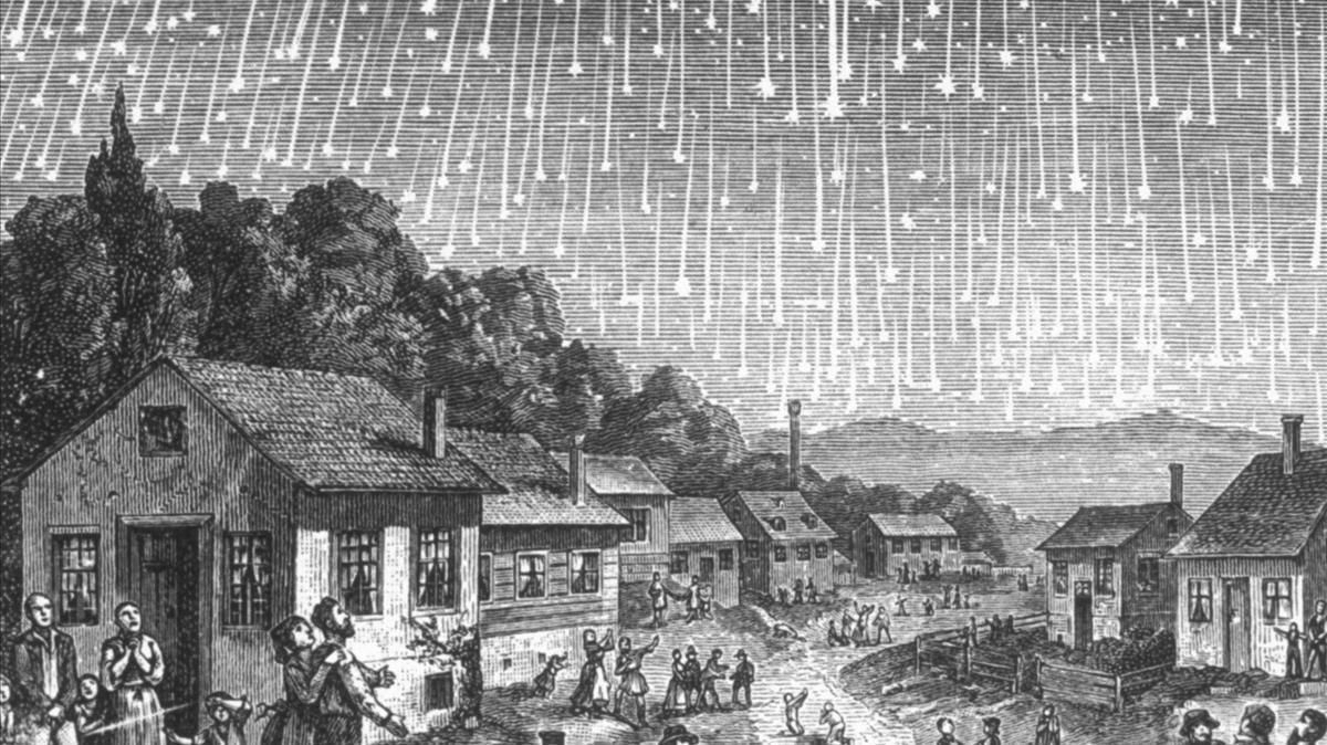Ilustración de una lluvia de Leónidas ocurrida en el año 1833, una de las más espectaculares de la historia. Ilustración de una lluvia de Leónidas ocurrida en el año 1833, una de las más espectaculares de la historia.