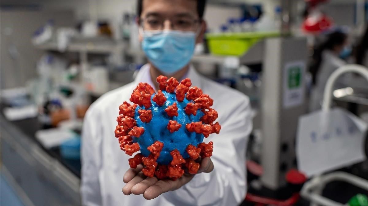 Un investigador muestra un modelo del virus en uno de los laboratorios de Sinovach, una de las empresas en busca de una vacuna Un investigador muestra un modelo del virus en uno de los laboratorios de Sinovach, una de las empresas en busca de una vacuna
