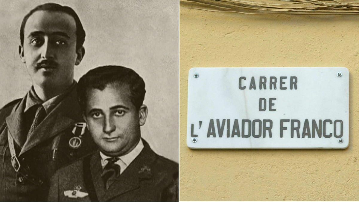 Francisco Franco, su hermano Ramón y la placa de la calle de Barcelona dedicada al segundo. Francisco Franco, su hermano Ramón y la placa de la calle de Barcelona dedicada al segundo.
