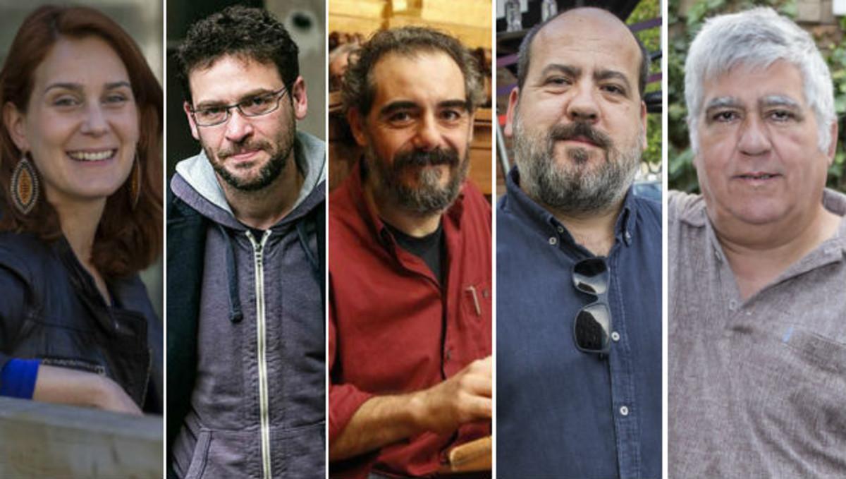 Los candidatos a las primarias de Podem: Jèssica Albiach, Albano Dante Fachin, Raimundo Viejo, Óscar Guardingo y Rafael García.