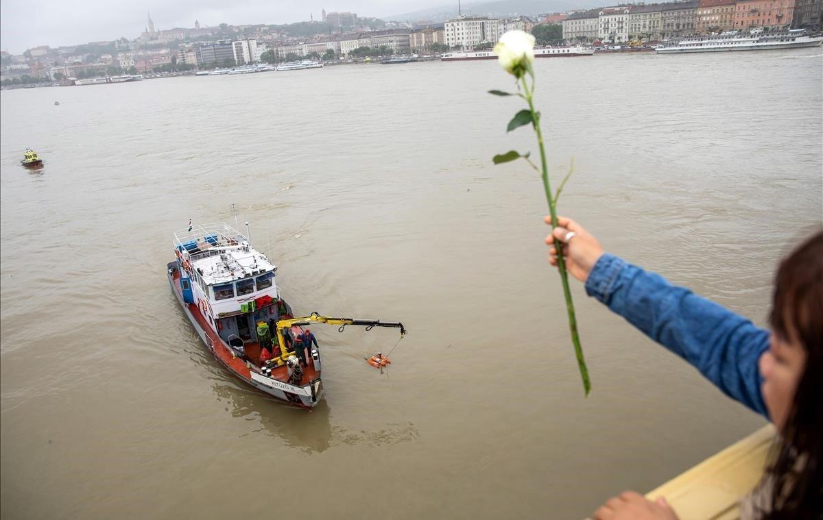 Una mujer lanza una rosa al Danubio en Budapest (Hungría). 