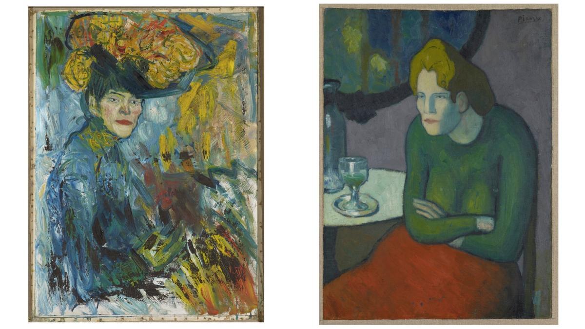 Dos obras de Picasso de 1901 presentes en la exposición de la National Gallery. A la izquierda, ’Mujer en el palco’. A la derecha, ’Bebedora de absenta’.