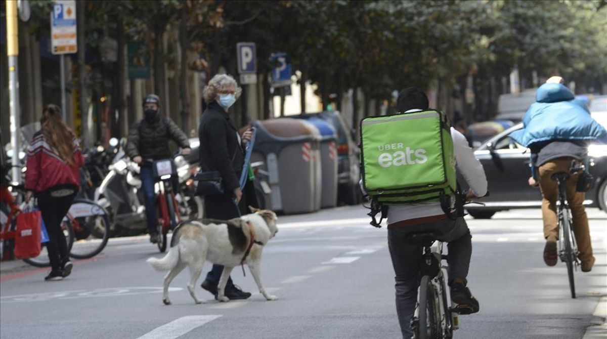 Una señora con su perro cruza por la calle de Gran de Gràcia mientras circulan varias bicicletas por el carril bus. Una señora con su perro cruza por la calle de Gran de Gràcia mientras circulan varias bicicletas por el carril bus.