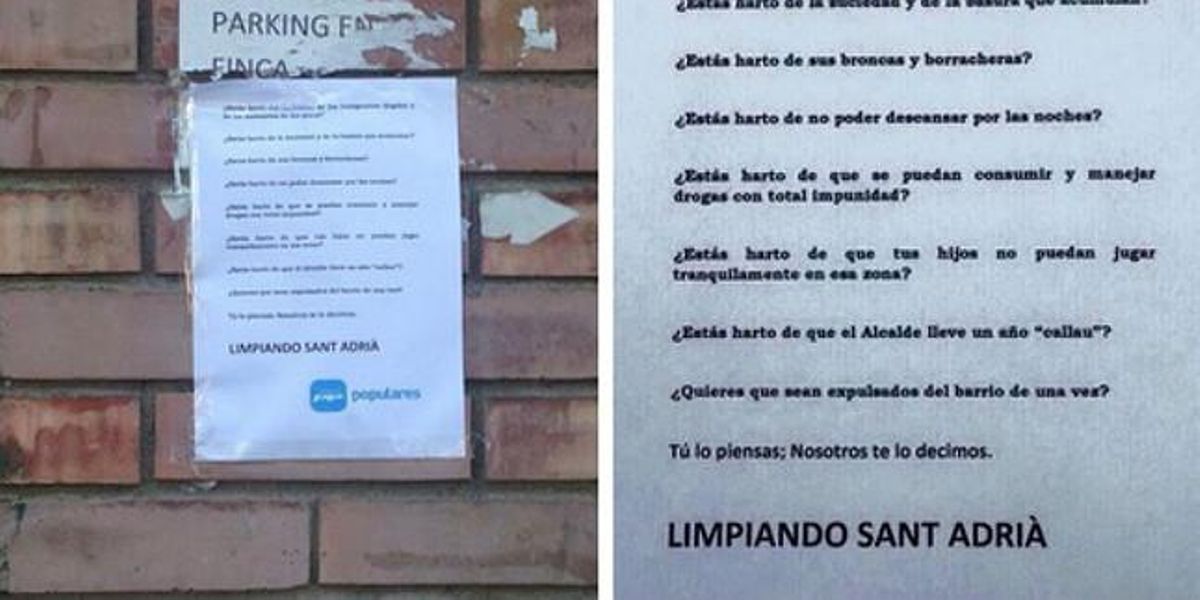 Imagen publicada en Twitter de los carteles elaborados por el PP de Sant Adrià del Besòs sobre la inmigración. Imagen publicada en Twitter de los carteles elaborados por el PP de Sant Adrià del Besòs sobre la inmigración.
