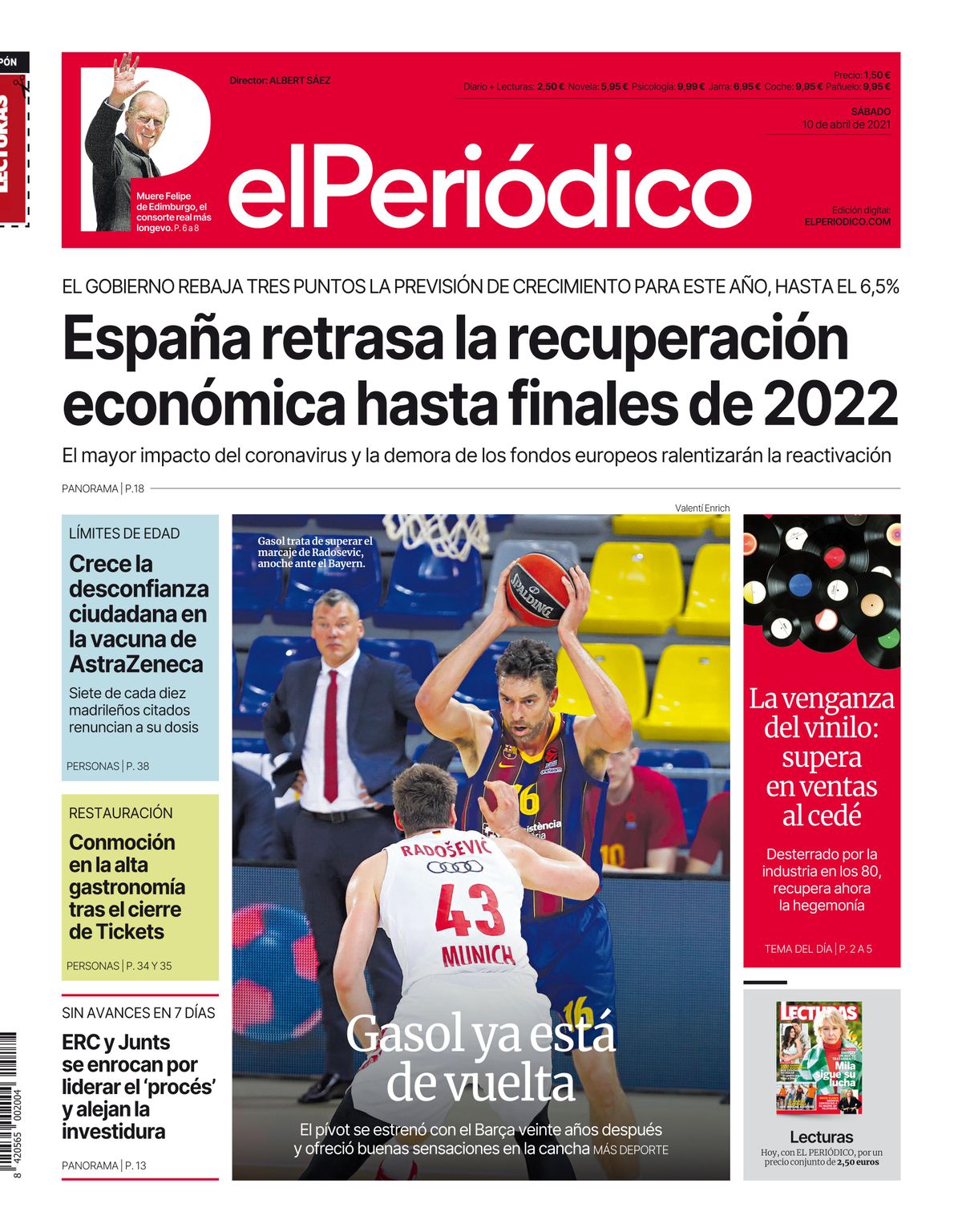La portada de EL PERIÓDICO del 10 de abril de 2021 La portada de EL PERIÓDICO del 10 de abril de 2021