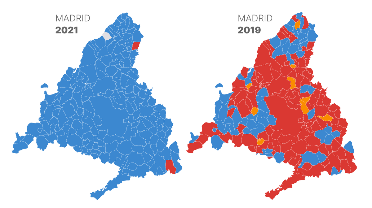 Así ha cambiado el mapa electoral de la Comunidad de Madrid en solo dos años