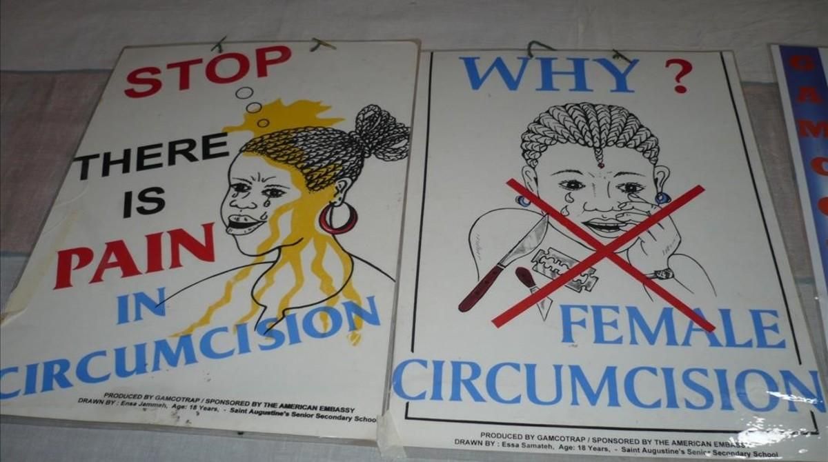 Un cartel utilizado para promover la prohibición de la MGF y la concienciación a las culturas que la practican Un cartel utilizado para promover la prohibición de la MGF y la concienciación a las culturas que la practican