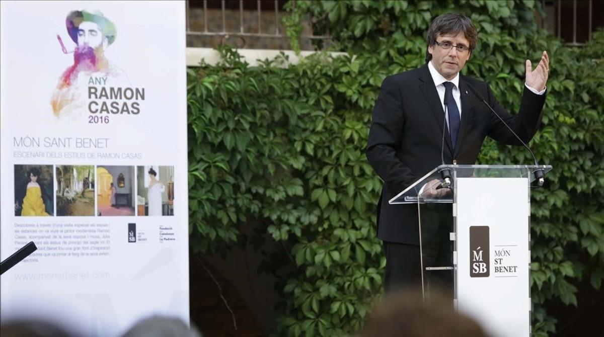 El ’president’ de la Generalitat, Carles Puigdemont, este miércoles en el acto central del Any Casas en Món Sant Benet.