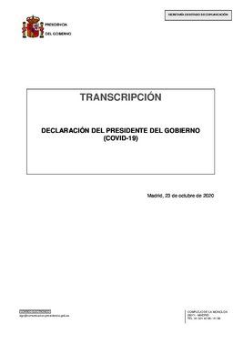 Declaración institucional de Pedro Sánchez este 23 de octubre de 2020 en la Moncloa. 
