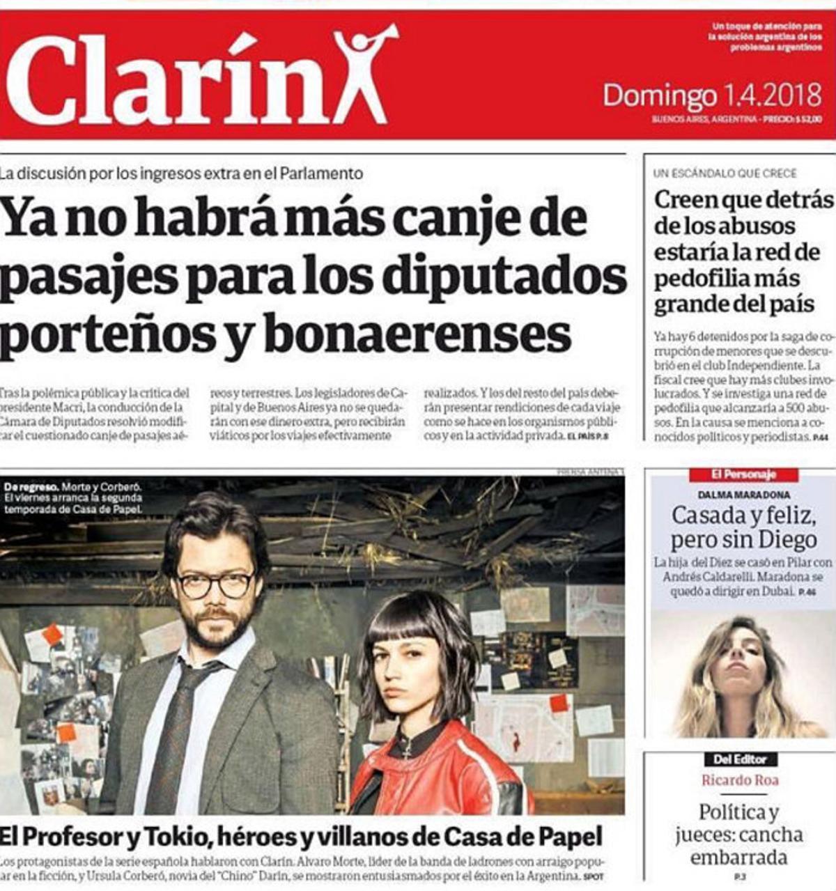 Portada del diario argentino ’Clarín’, con la información de la serie española ’La casa de papel’.