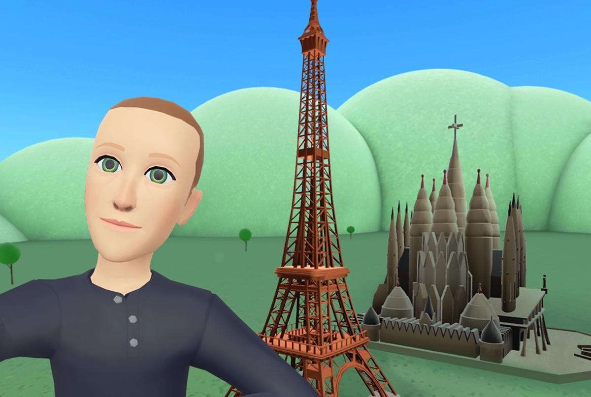 El avatar de Mark Zuckerberg, CEO de Meta, se hace un ’selfie’ con la réplica digital de la Torre Eiffel y la Sagrada Familia.