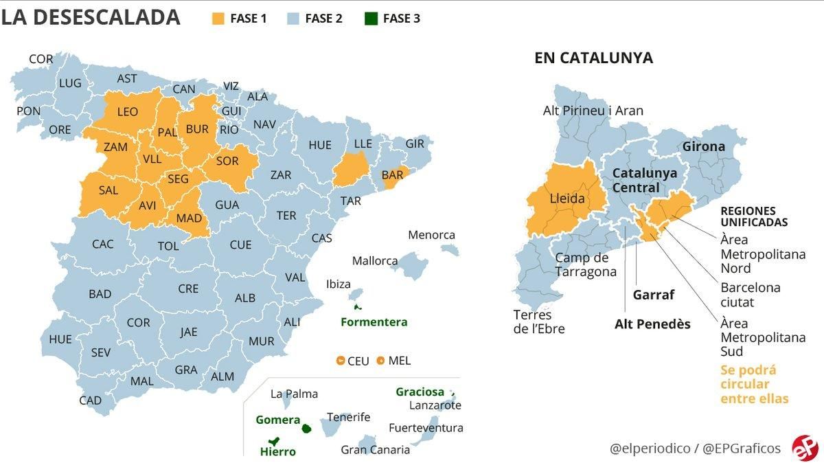 España, dividida en fases: ¿qué se puede hacer en cada territorio desde el 1 de junio? España, dividida en fases: ¿qué se puede hacer en cada territorio desde el 1 de junio?