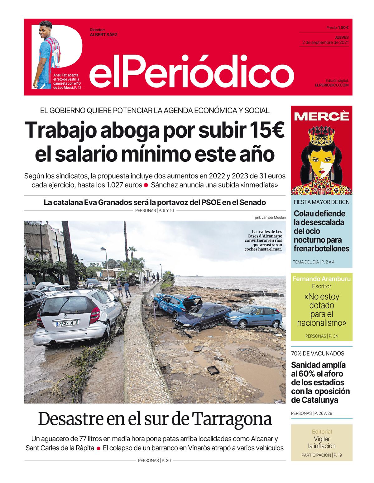 La portada de EL PERIÓDICO del 2 de septiembre de 2021 La portada de EL PERIÓDICO del 2 de septiembre de 2021