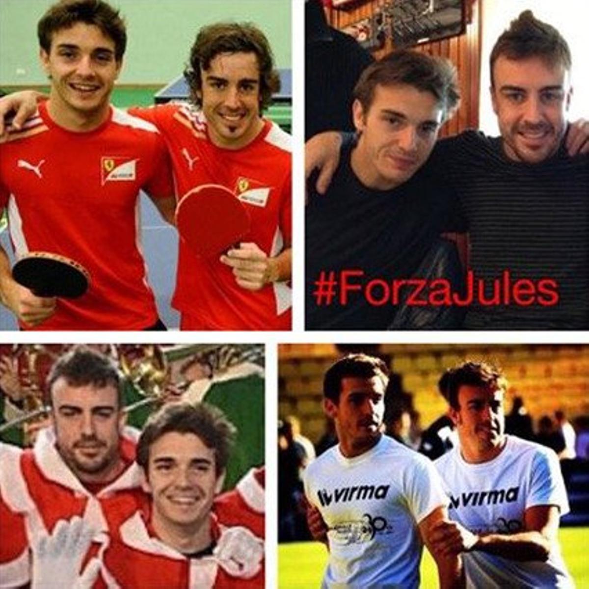 Las cuatro fotografías de Fernando Alonso y Jules Bianchi que el piloto asturiano ha colgado en su perfil de Twitter en lugar de su avatar personal.