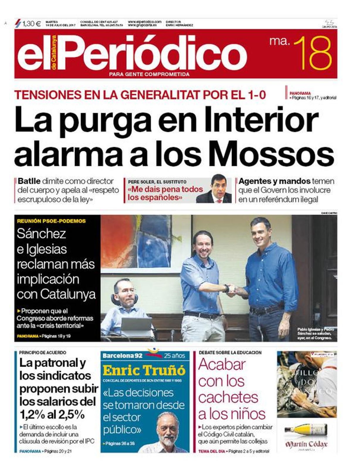 La portada de EL PERIÓDICO del martes, 18 de julio del 2017. La portada de EL PERIÓDICO del martes, 18 de julio del 2017.