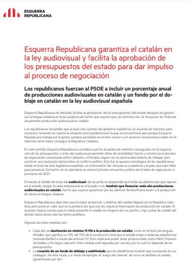 Comunicado de ERC tras cerrar la ley audiovisual con el Gobierno (15 de diciembre de 2021)