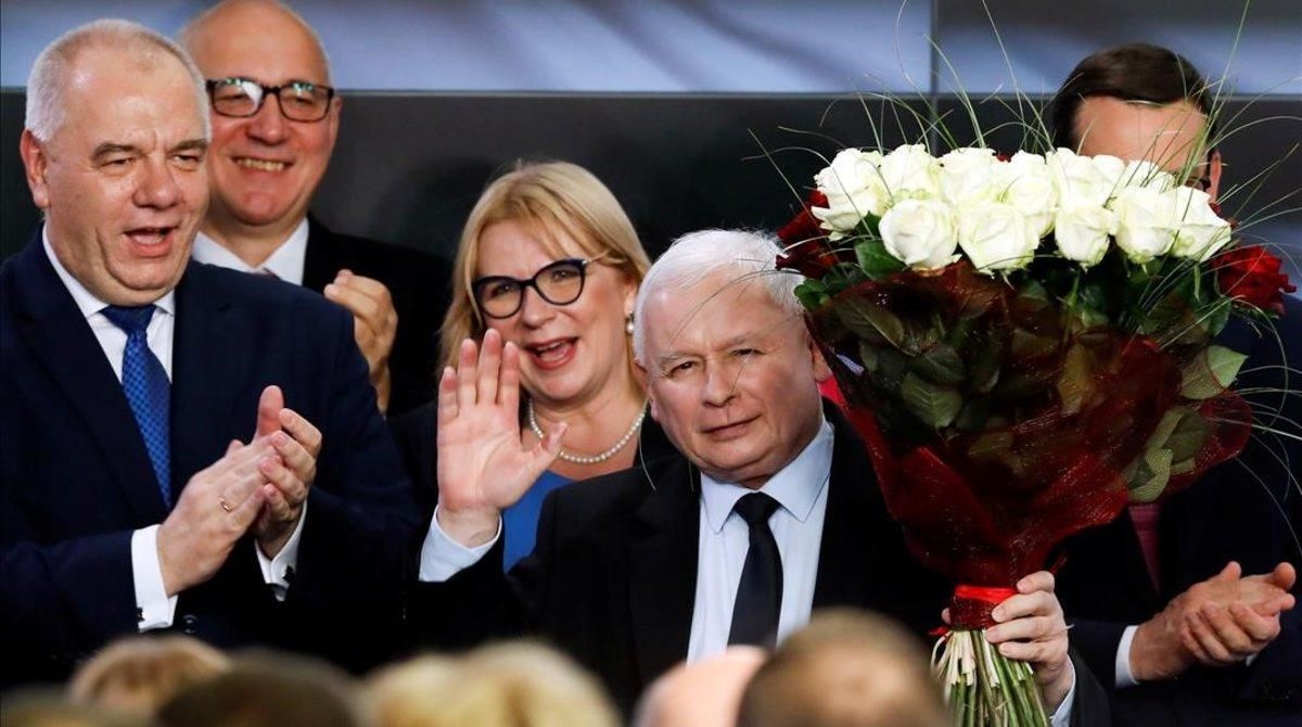 Kaczynski festeja ante sus simpatizantes la rotunda victoria que le conceden los sondeos en las elecciones legislativas polacas. Kaczynski festeja ante sus simpatizantes la rotunda victoria que le conceden los sondeos en las elecciones legislativas polacas.