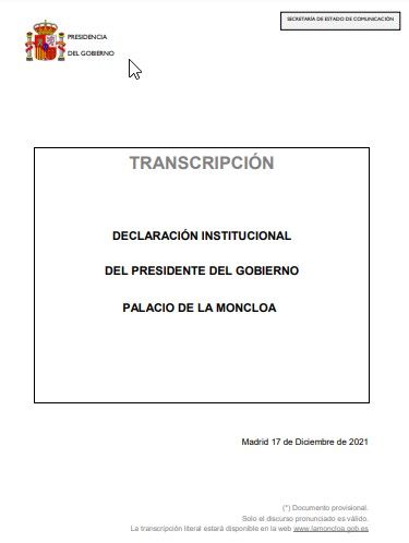 Declaración de Pedro Sánchez tras la salida de Manuel Castells y la entrada de Joan Subirats (17 de diciembre de 2021)