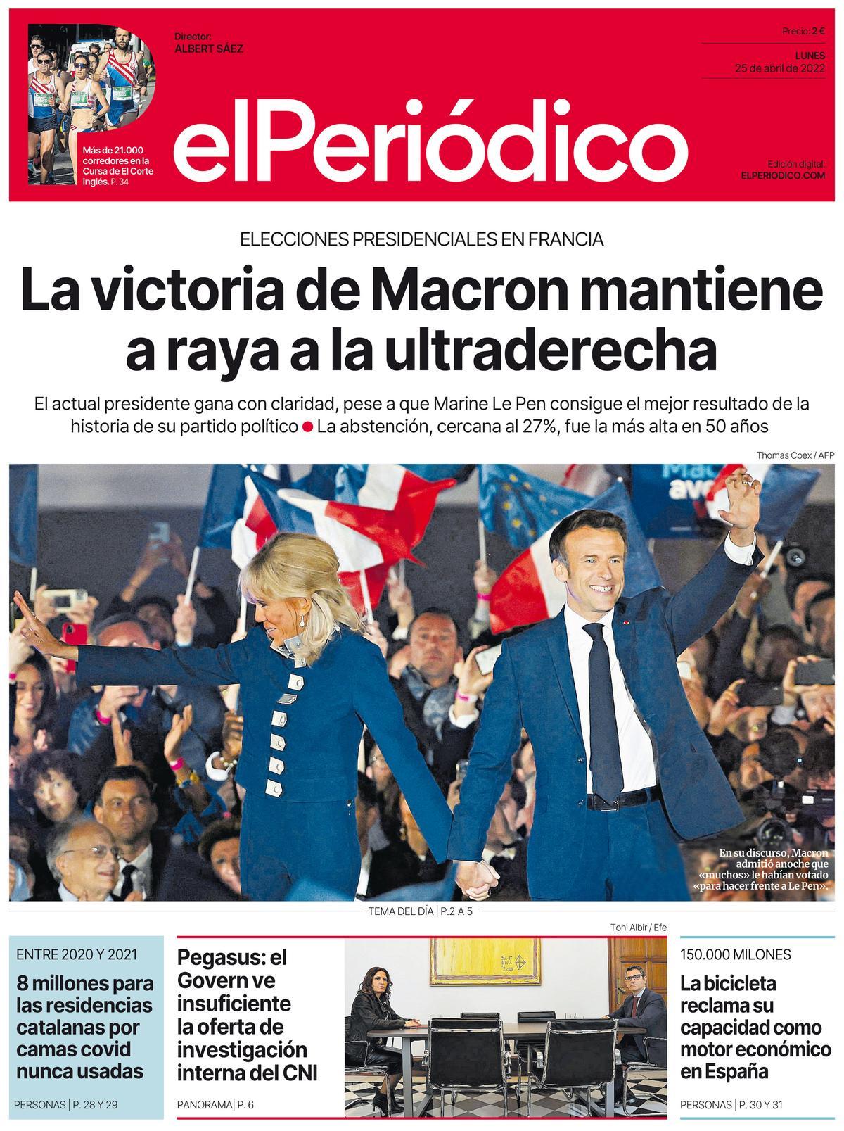La portada de EL PERIÓDICO del 25 de abril de 2022.