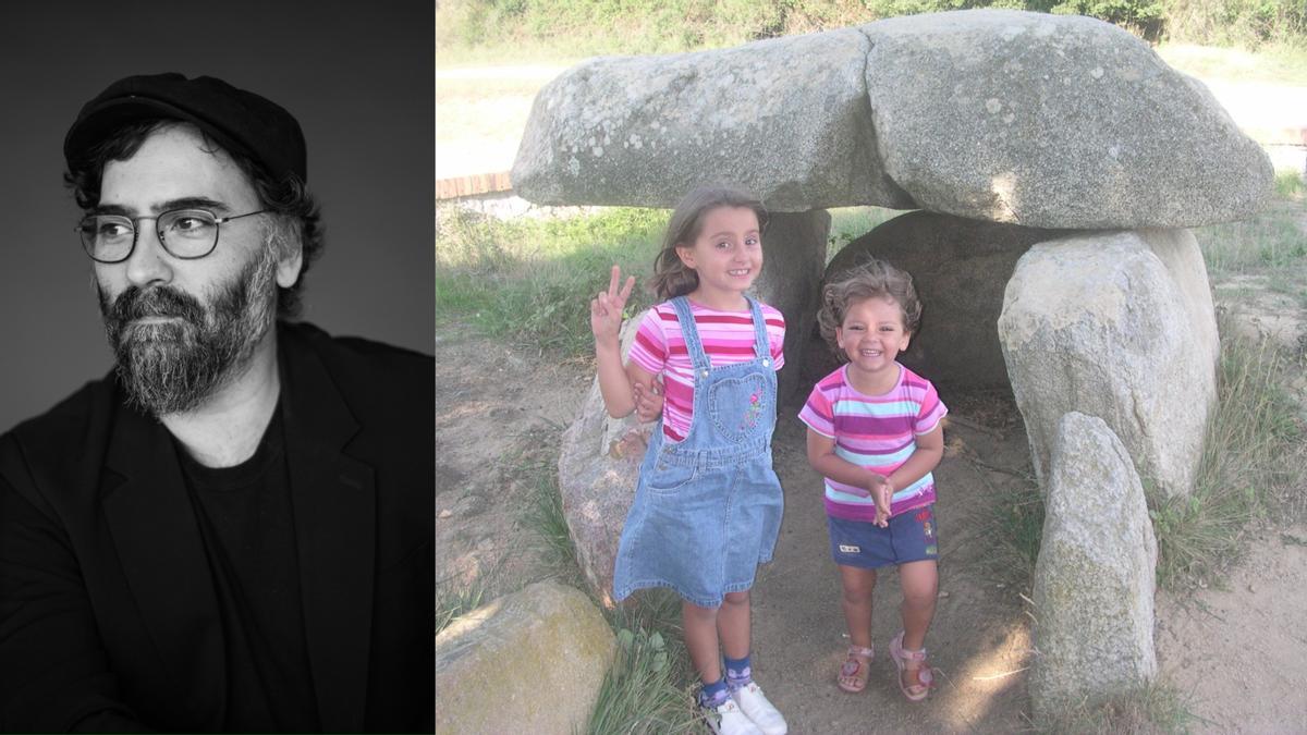 A la izquierda, Ramón Rodríguez, alias The New Raemon; a la derecha, una vieja foto familiar de sus hijas Jazz y Leia junto al dolmen de Can Boquet. 