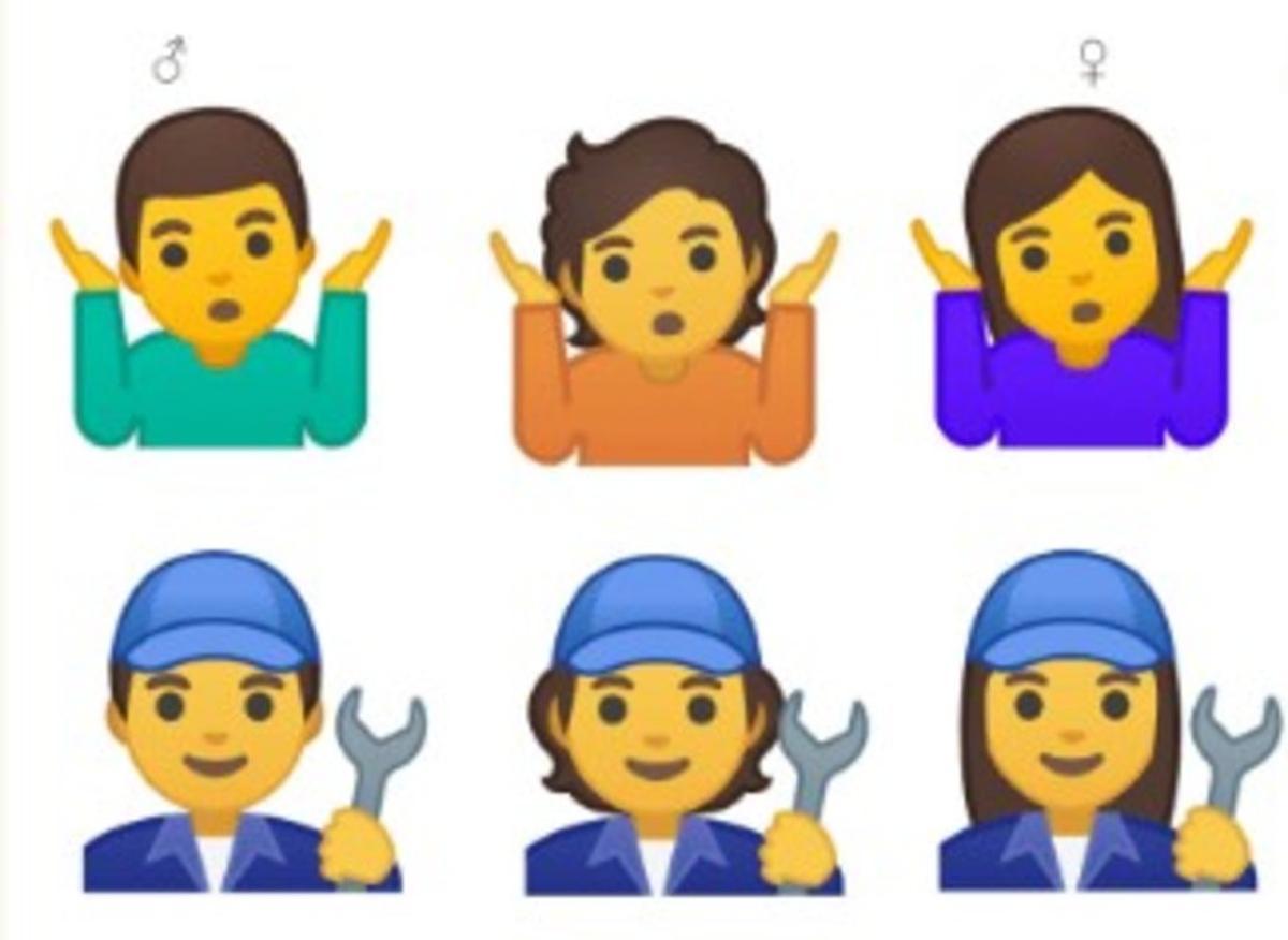 Arriba, ’emoji’ de duda o resginación. A la izquierda un hombre, a la derecha, una mujer y en el centro, el de género ambiguo. Debajo, lo mismo con fontaneros.