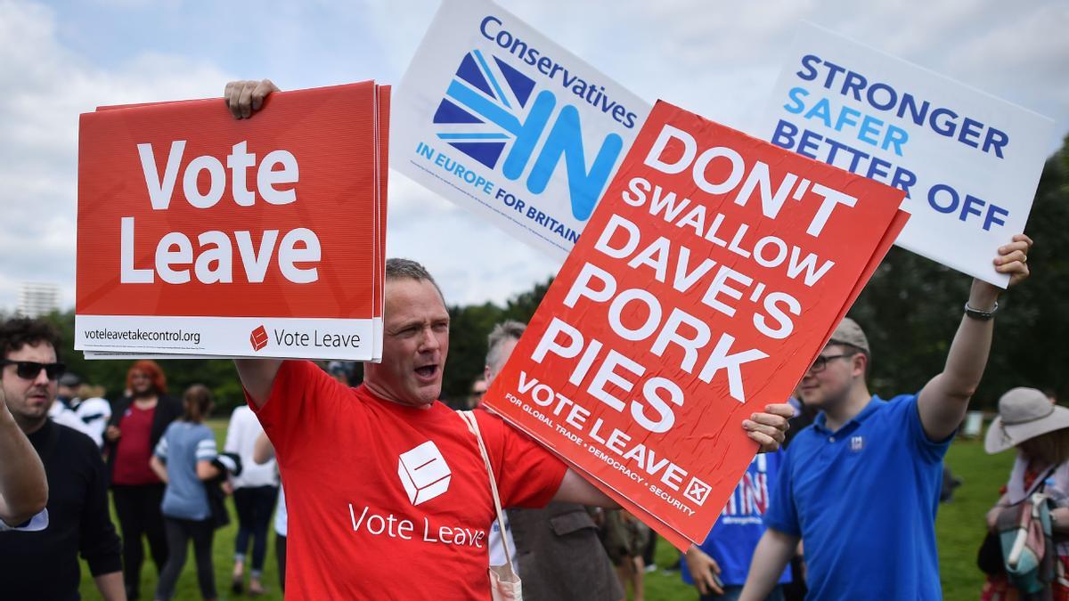 Un votante a favor de la salida de la UE se manifiesta durante un acto a favor de permanecer en la Unión, el 19 de junio de 2016 en el Hyde Park de Londres. Un votante a favor de la salida de la UE se manifiesta durante un acto a favor de permanecer en la Unión, el 19 de junio de 2016 en el Hyde Park de Londres.