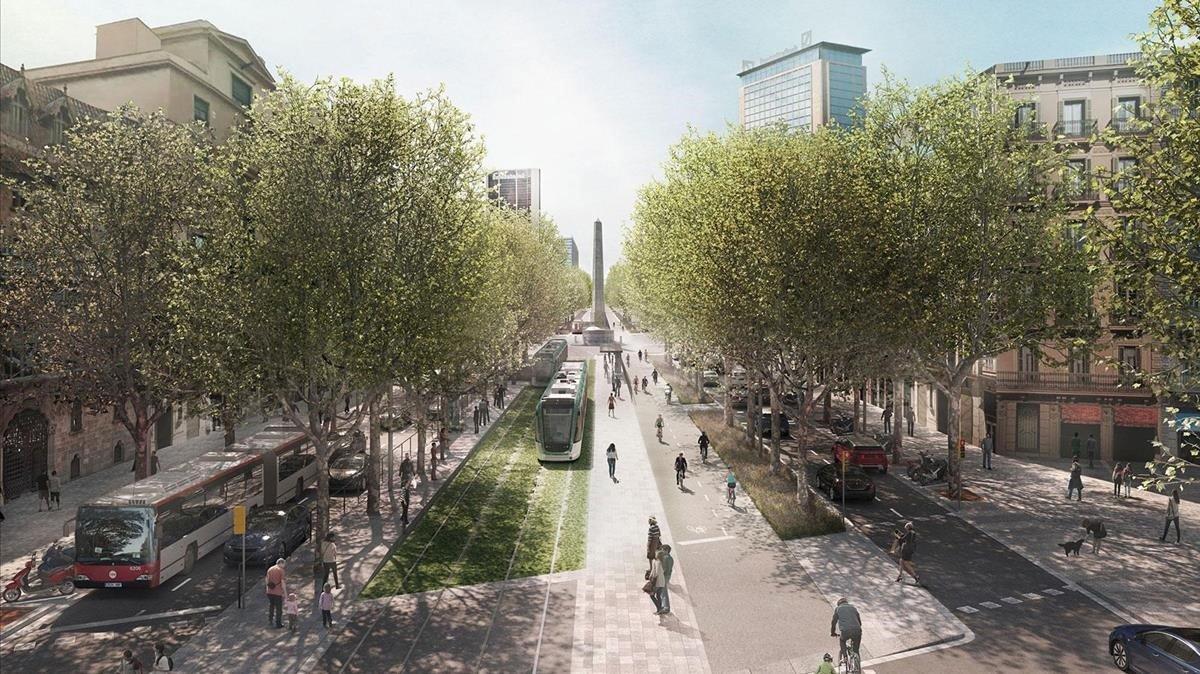Simulación del trazado del tranvía por la Diagonal, en este caso, a su llegada, en un futuro, a paseo de Gràcia. Simulación del trazado del tranvía por la Diagonal, en este caso, a su llegada, en un futuro, a paseo de Gràcia.