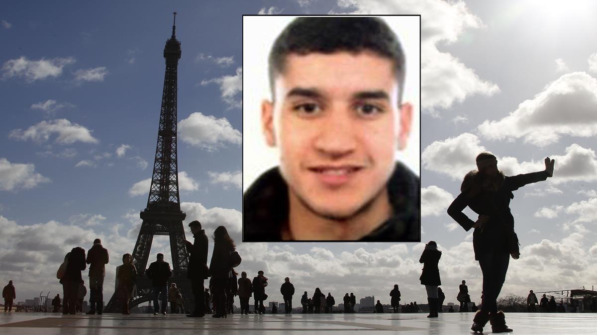 Fotomontaje con el rostro del terrorista Younes Abouyacoub y la torre Eiffel de fondo.