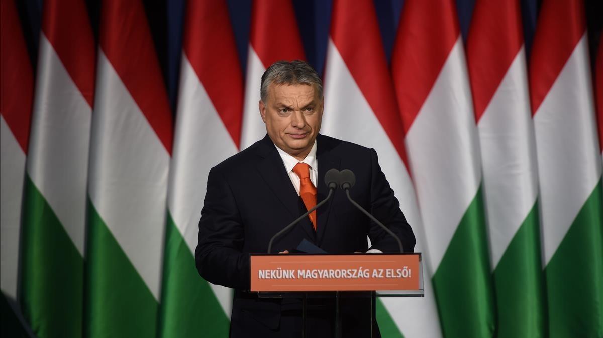Viktor Orbán, en su mitin en Budapest. Viktor Orbán, en su mitin en Budapest.